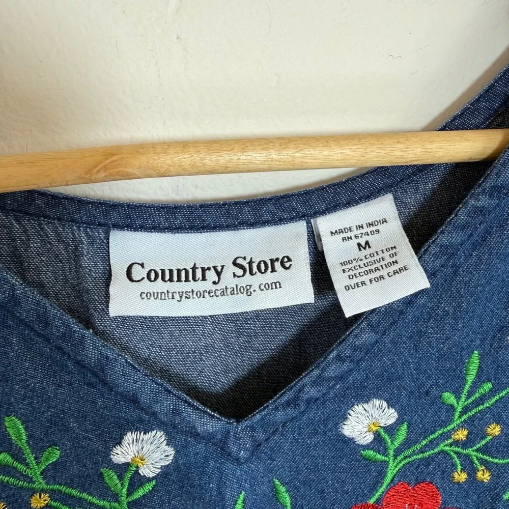 Country Store Embroidered Denim Dress‎ Size M Midi Boho Prairie Cottagecore